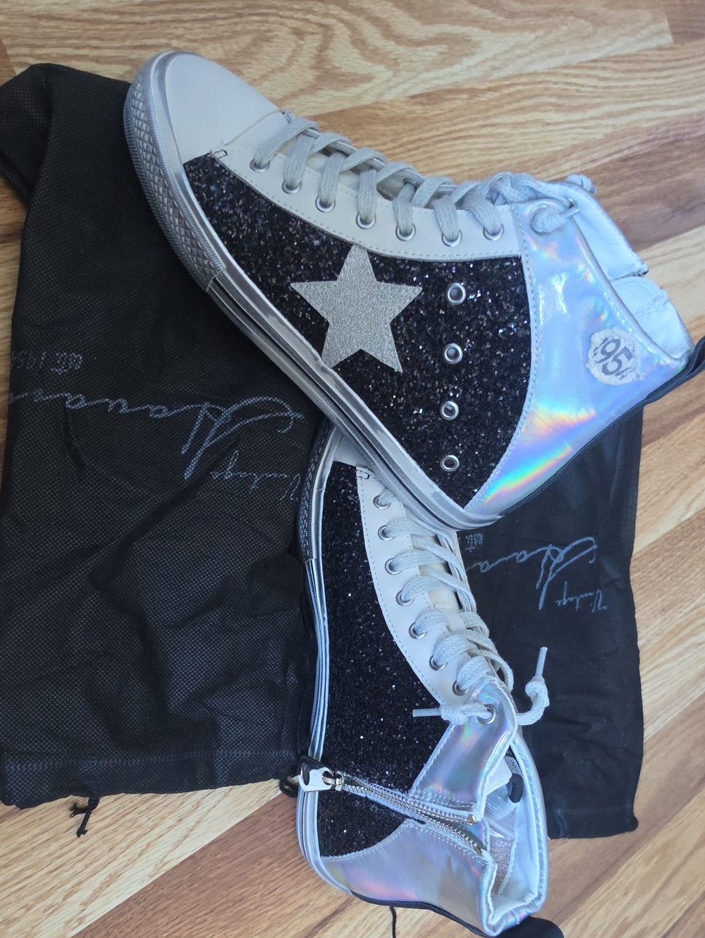 Vintage Havana Size 9 Holographic High-Top Sneakers with Black Glitter Stars